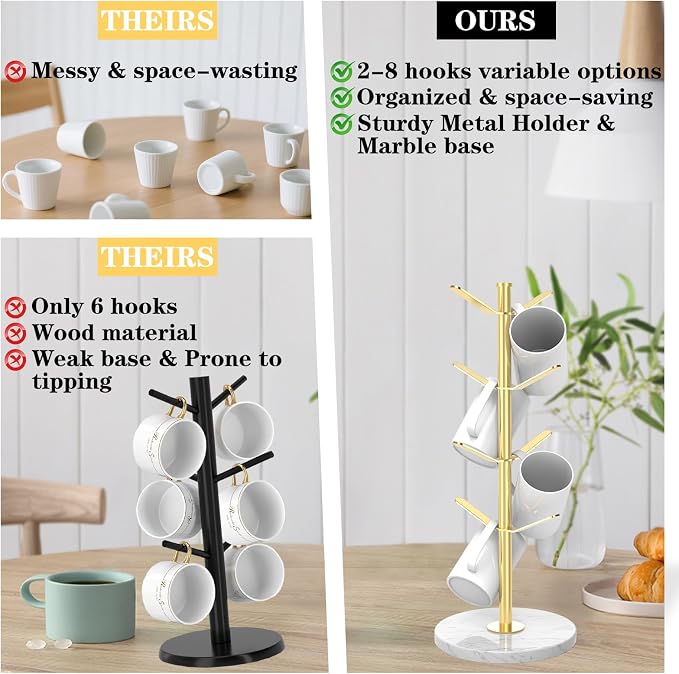 Marble Mug Holder Tree with 8 Hooks, Stainless Steel Coffee Cup Holder - Image 4