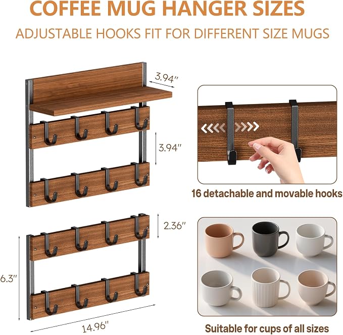 2-in-1 Coffee Cup Holder Wall Mounted, 4-Tier Coffee Mug Holder Wall Mount - Image 3