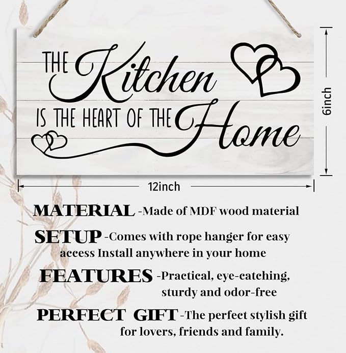 Kitchen Wood Decor Sign, The Kitchen Is the Heart of the Home, Hanging Printed - Image 2