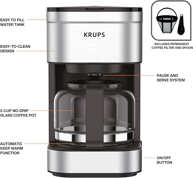 KRUPS Simply Brew Compact 5 Cup Coffee Maker: Stainless Steel Design, Pause & - Image 6