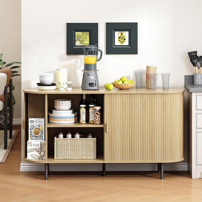 Buffet Cabinet with Storage, Fluted Sideboard Buffet with Sliding Door - Image 4