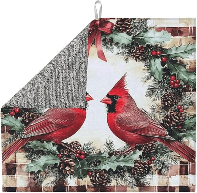 Large Dish Drying Mat Two Cardinal Wreath Red Bow Pinecones Red Berries Plaid - Image 3