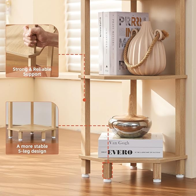 YUFAM 4-Tier Corner Shelf with Sturdy 5-Leg Base, Wooden Corner Bookshelf - Image 4