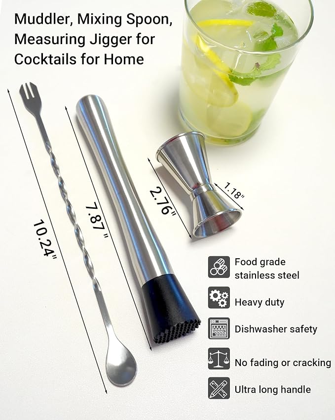Professional Bar Tools Set, 8-inch Stainless Steel Muddler, 10-inch Mixing Spoon - Image 5