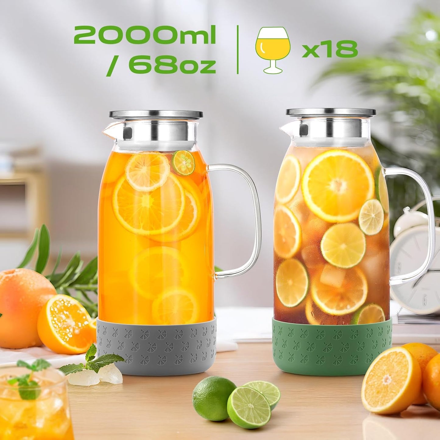 Glass Pitcher with Lid, ZBUFAN 68oz/2 Liter Glass Water Pitcher with Handle and Lid, Anti-Slip Base Juice Jug for Ice Tea, Sun Tea, Sangria, Lemonade Fridge Pitchers for Drinks Green