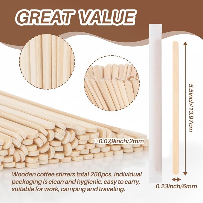 MAQIHAN 250PCS Individually Wrapped Wooden Coffee Stirrers - Image 6