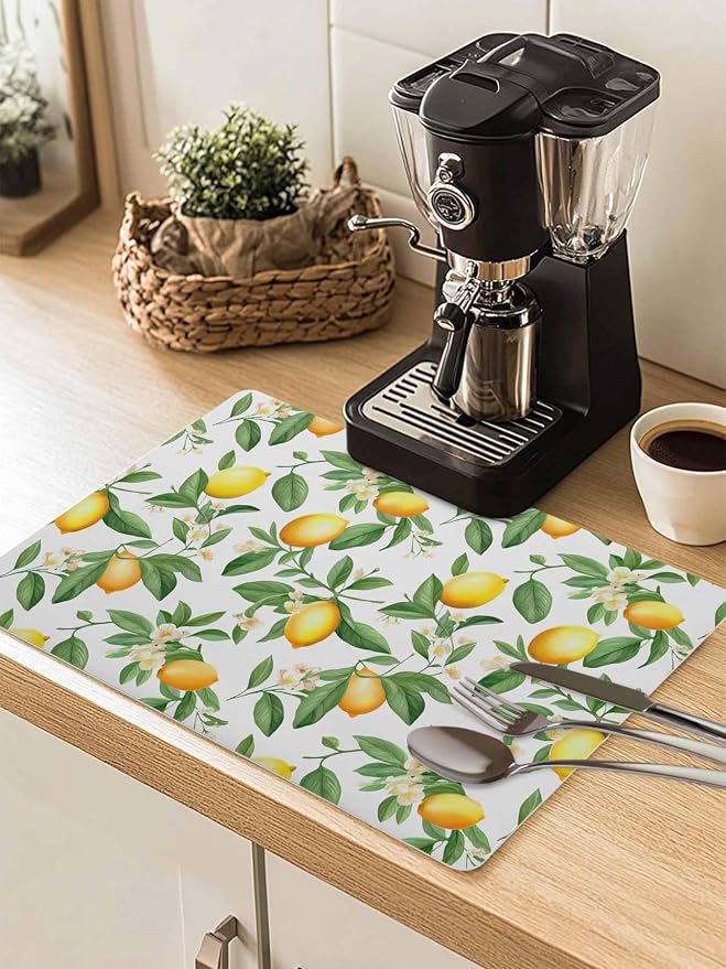 Lemon with Coffee Mat Green Leaves Flowers Absorbent Bar Mat by Unknown