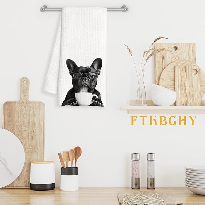 Funny French Bulldog Coffee Kitchen Towels, Frenchie Gifts - Image 3