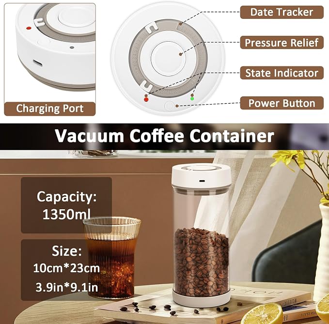 Automatic Vacuum Coffee Canister, 1.35L Airtight Coffee Canister - Image 7