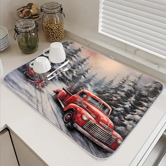 Xmas Red Truck Dish Drying Mat, Kitchen Counter Quick Dry Pads - Image 6