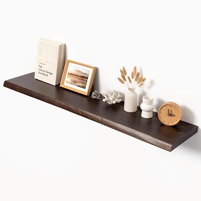 48" Solid Elm Wood Floating Shelf, 9.3" Deep 1.4" Thick Live Edge Wall Shelf by Unknown