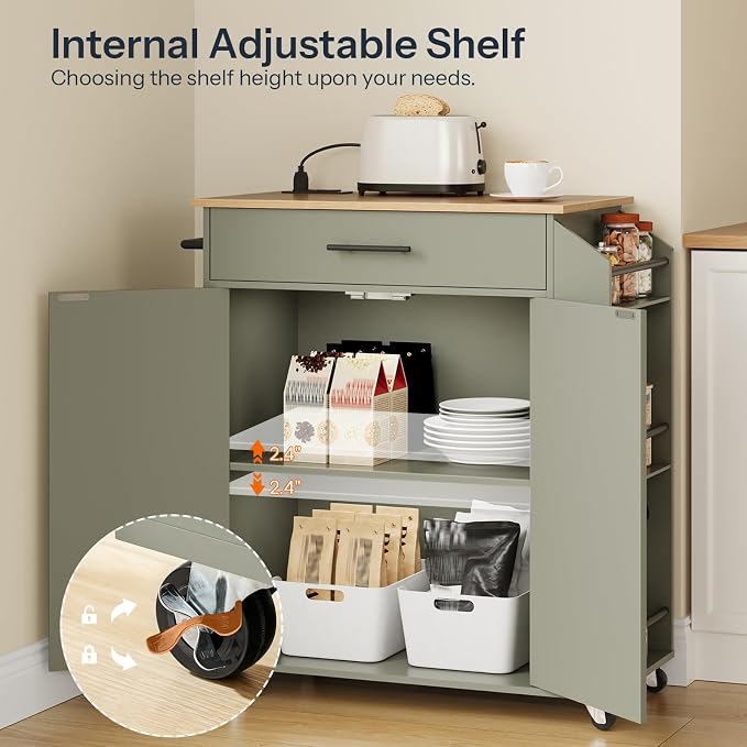 HOOBRO Kitchen Island with Power Outlet, Storage Island with Spice Rack and - Image 6
