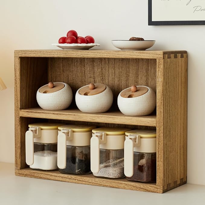 KIRIGEN 2-Tier Wooden Storage Cabinet, Solid Wood Kitchen Counter Organizer - Image 5