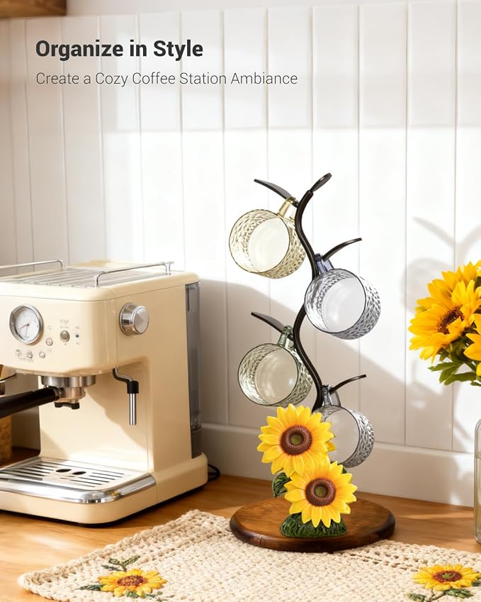 GAJ Sunflower Mug Tree Coffee Cup Holder, Countertop 3D Yellow Flower Coffee - Image 2