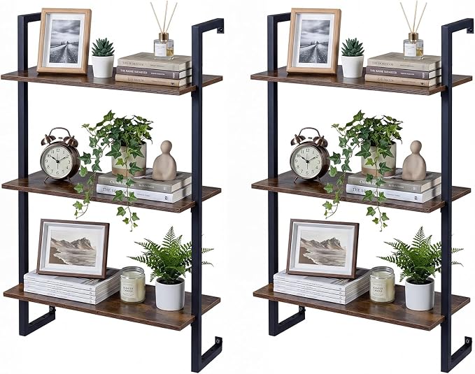 Giantex 3-Tier Wall-Mounted Bookshelf Set of 2, Industrial Floating Storage by Giantex