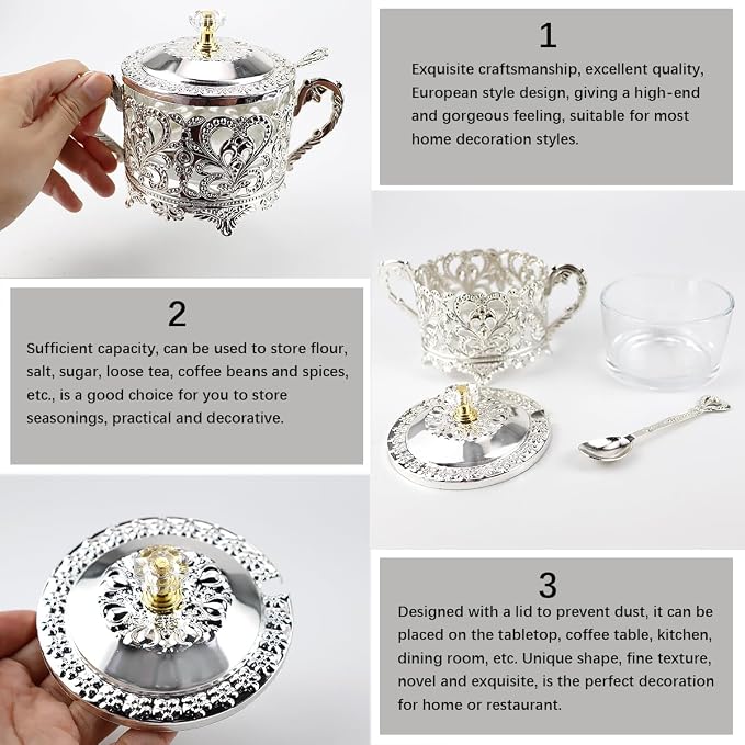 Glass Sugar Bowl with Lid and Spoon Vintage Kitchen Food Canister Condiment Pot - Image 3
