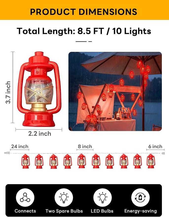 LED Kerosene String Lights, 8.5Ft Outdoor Lantern String Lights - Image 7