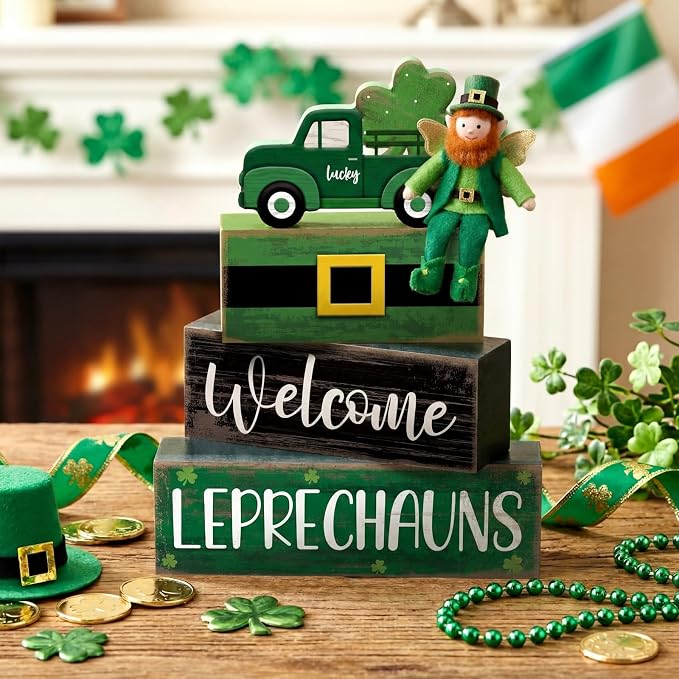 Lineshading 4 Pcs St Patricks Day Table Decor Leprechaun Wooden Stacked Blocks - Image 3