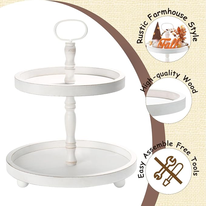 Wooden Two Tiered Tray Stand, Farmhouse Round 2 Tier Decorative Tray - Image 5