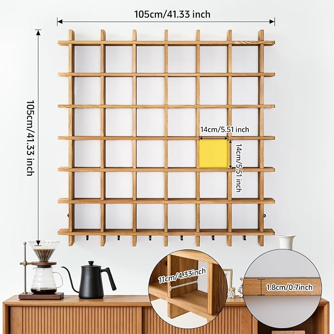 Oversize Coffee Mug Display Rack, 41 x 41 Inch Wooden Mug Shelf - Image 2