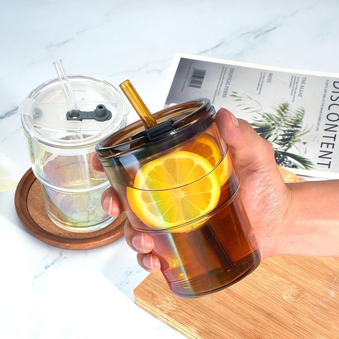13 oz Glass Tumbler with Glass Straw and Lid, Leak-Proof Reusable Travel Cup for Iced Coffee, Tea, Matcha, Fruit Juice – Thick Wall Clear Water Bottle (Gray, 2 Pack)