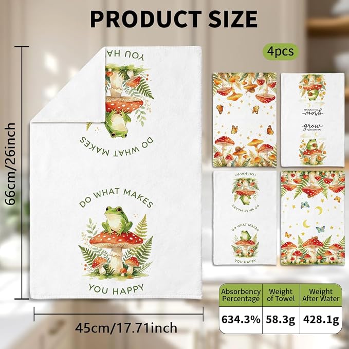 MAYJOYDIY 4 Pcs Frog Mushroom Kitchen Towels Butterfly Microfiber Dish Towel - Image 3