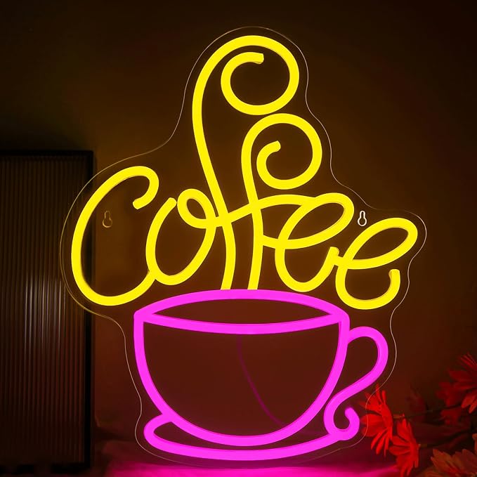 Coffee Neon Sign for Coffee Bar Decor, Dimmable Pink&Yellow Neon Lights for by Mvorixa