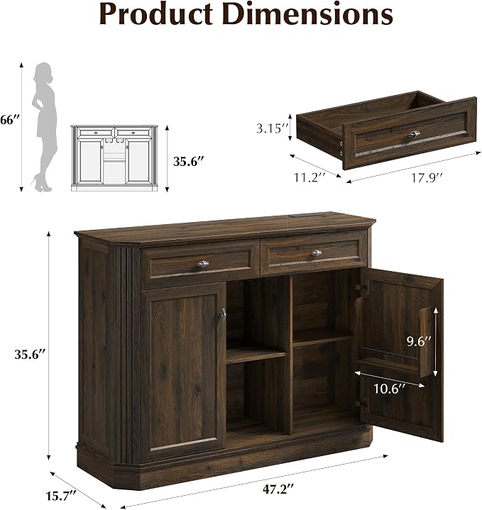 47" Wine Bar Cabinet with LED Light & Power Outlets, 2 Door Coffee Bar Cabinet - Image 2