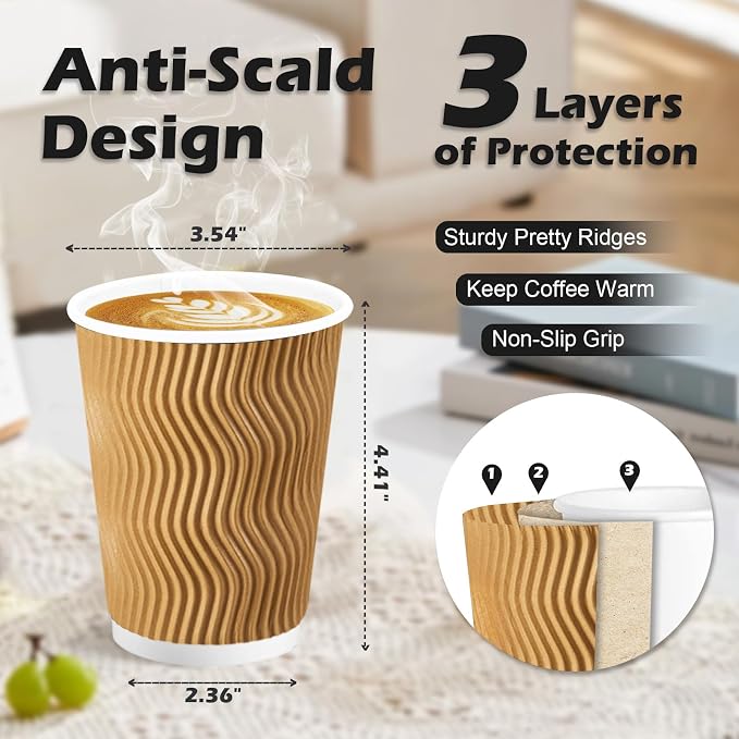 Lamosi Disposable Coffee Cups 12 OZ 100 Pack, Paper Coffee Cups 12 OZ - Image 2