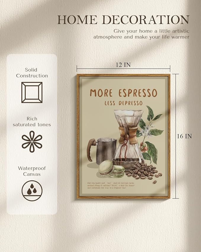 MORE ESPRESSO LESS DEPRESSO Quote Coffee Maker Framed Wall Art, 12x16 Inch - Image 3