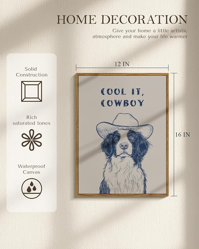 Funny Cowboy Hat Dog Illustration Wall Art “Cool It, Cowboy” Framed Canvas Print - Image 4