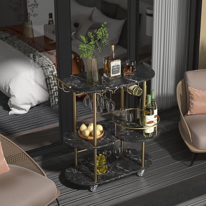 Black Bar Carts with 4-Tier Storage Shelves, Mobile Bar Serving Cart with Wine - Image 3