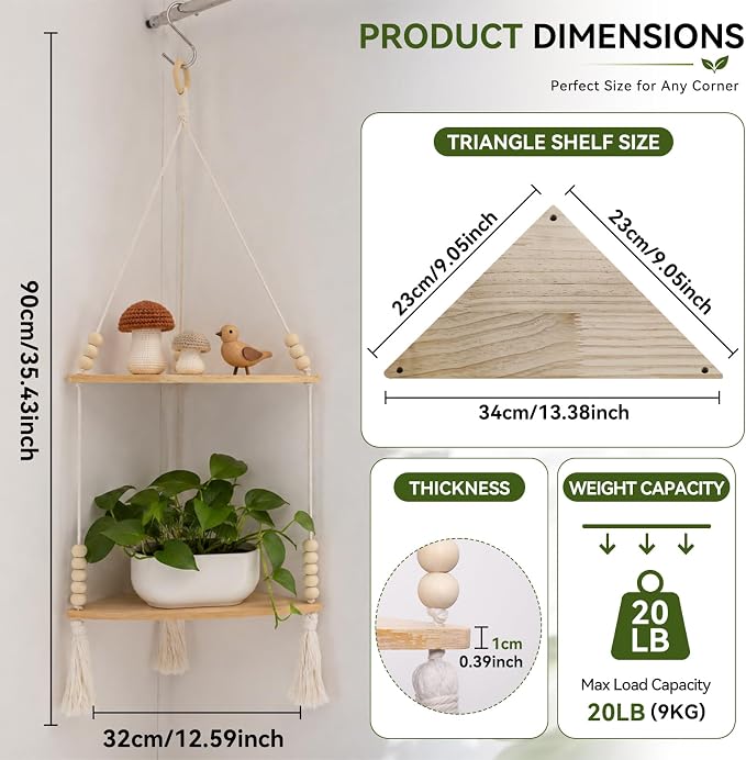 Artilady Macrame Wall Hanging Corner Shelf 2-Tier, Adjustable Boho Stable - Image 2