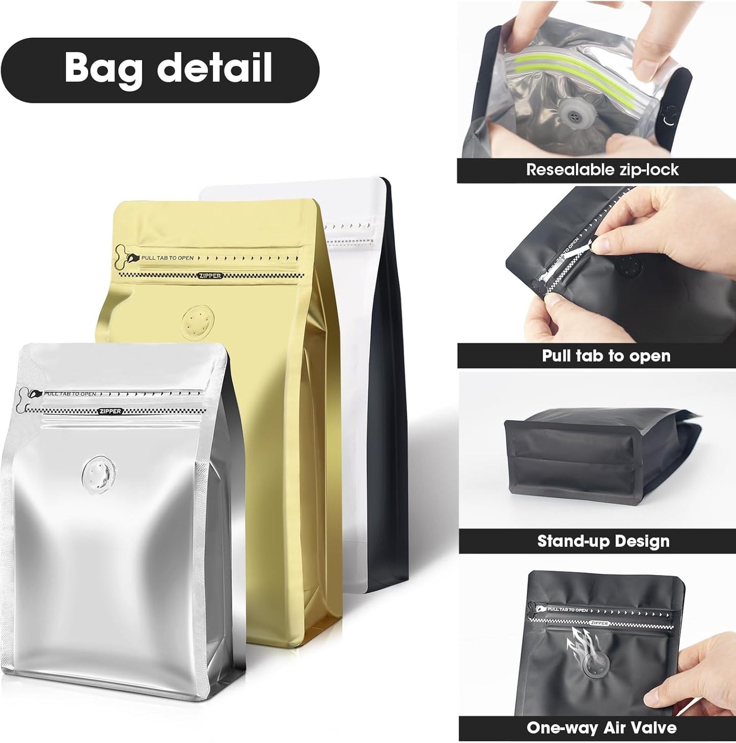 Coffee Bags with Valve(60pcs,16 oz,1 lb) Vented Coffee Beans Packaging Bags High Barrier Aluminumed Foil Flat Bottom Heat Sealed Side Zipper Resealable Storage Bag for Home or Business（White+Gold）