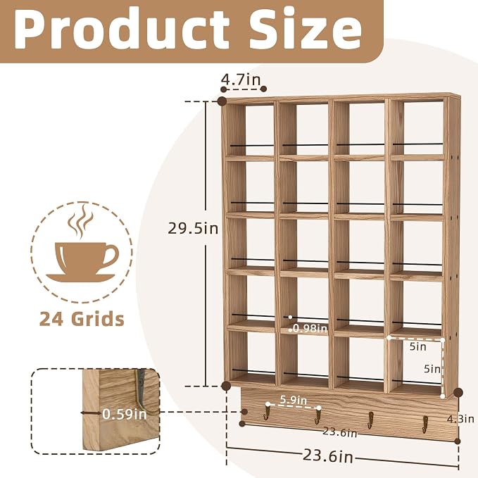 Wooden Coffee Mug Display Rack, Wall Mounted Coffee Cup Display Shelf, Hold 24 - Image 2