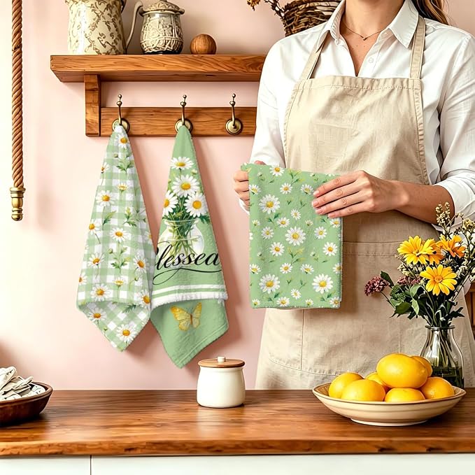 MAYJOYDIY 4 Pcs Daisy Flower Kitchen Towels 26x17.7Inch Green Gingham Check - Image 2