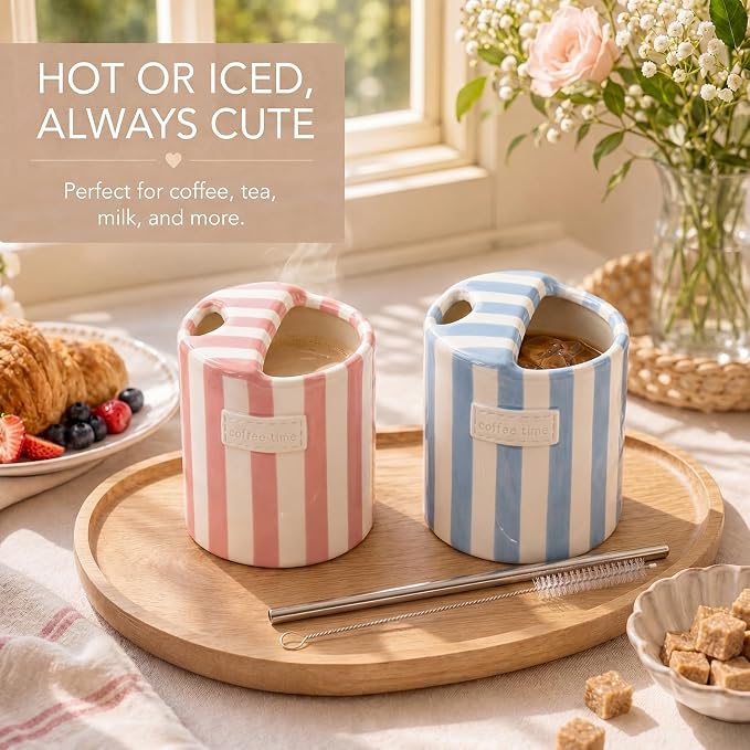 2 Pack Ceramic Coffee Mug with Sip Hole Espresso Cup 10oz with Straws Retro - Image 6