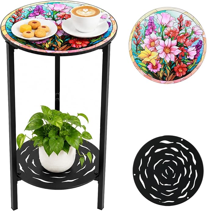 2-Tier Metal Round Side Table Accent Coffee Tables Small Space Corner Plant by Unknown