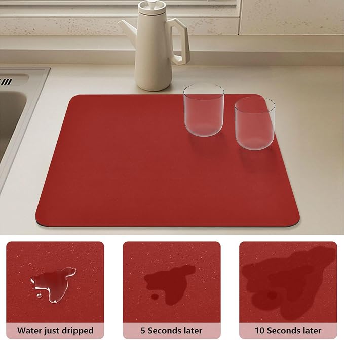 Red Dish Drying Mat for Kitchen Counter No-slip Rubber Bottom Coffee Mat Drain - Image 4