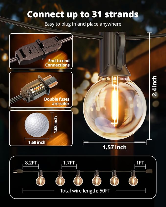 VIPAR Patio Lights, 50FT 27 G40 Bulbs Outdoor String Lights Waterproof - Image 8