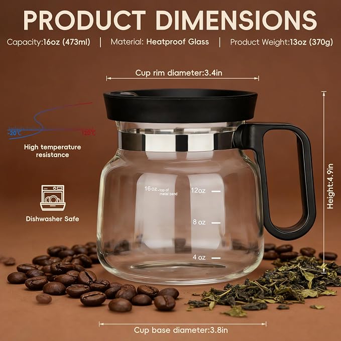 Coffee Pot Mug with Lid, 16Oz Mini Glass Coffee Pot Coffee Mug with Spill Proof - Image 3