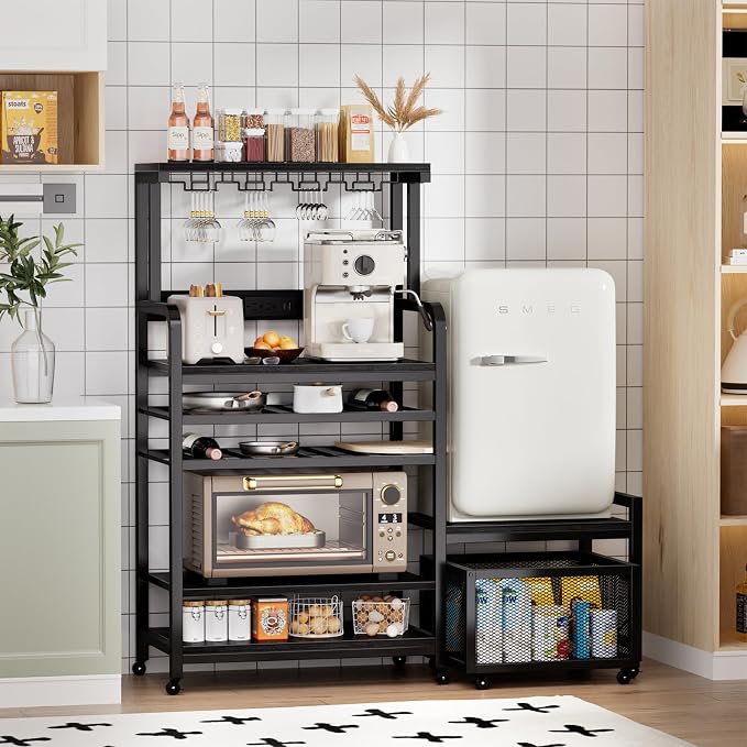 Mini Fridge Stand with Power Outlet, Microwave Stand with Wine Rack, Coffee bar - Image 2
