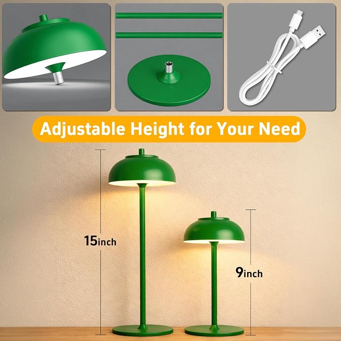 Green Led Cordless Table Lamps Rechargeable Set of 2, Table Lights Battery - Image 4