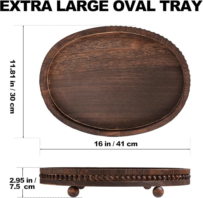 Wooden Decorative Tray-16×11.8in Wood Beaded Coffee Table Decor Tray, Rustic - Image 2