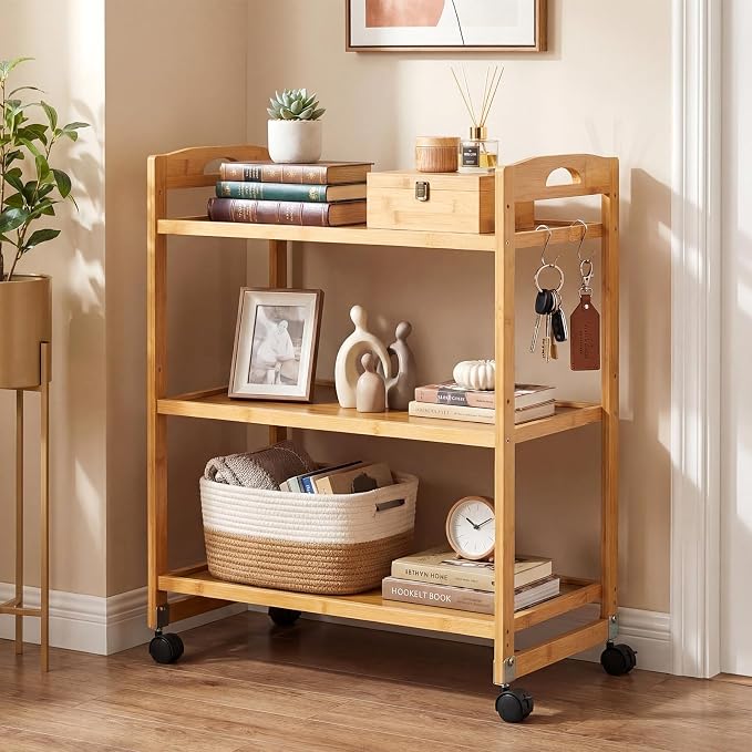 Giantex 3-Tier Rolling Storage Cart, Bamboo Utility Cart w/ 3 Side Hooks & - Image 3