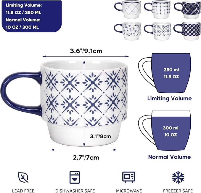 Schliersee 12 OZ Stackable Ceramic Coffee Mugs set of 6, Geometric Floral - Image 2
