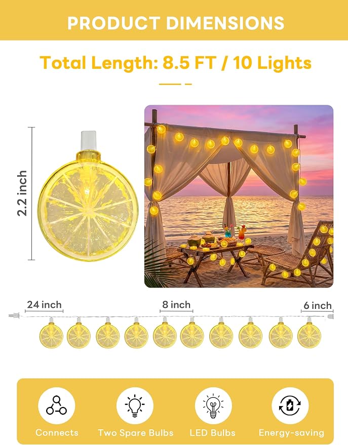 Lemon String Lights, 8.5Ft Summer Patio String Lights - Image 6
