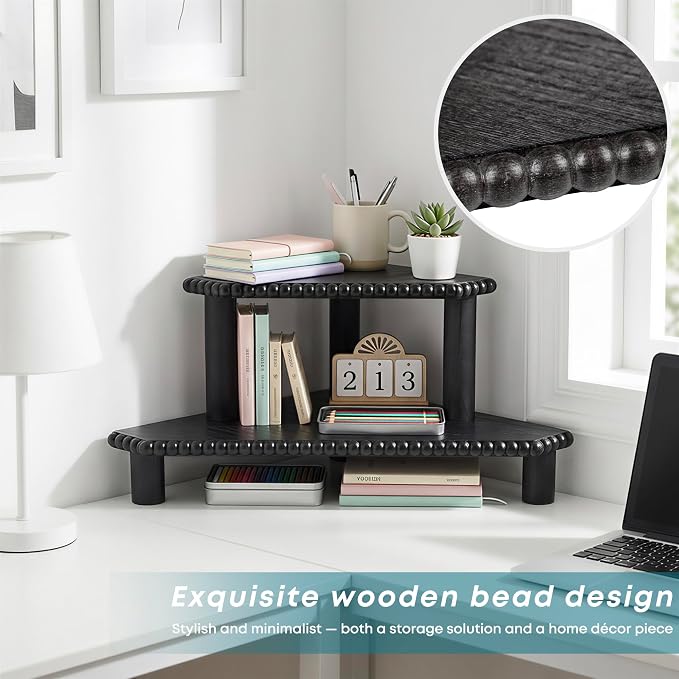 2-Tier Rustic Corner Shelf for Kitchen Counter, Wood Beaded Farmhouse - Image 4