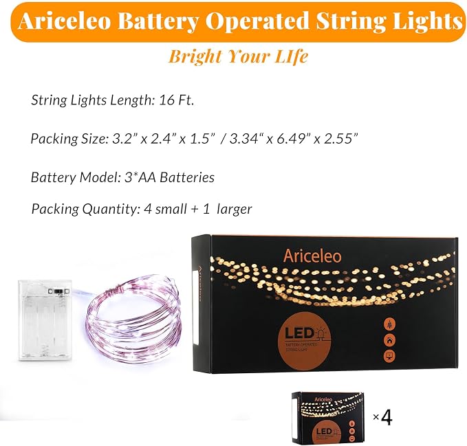 Ariceleo Led Fairy Lights Battery Operated, 4 Packs Mini Battery Powered Copper - Image 2