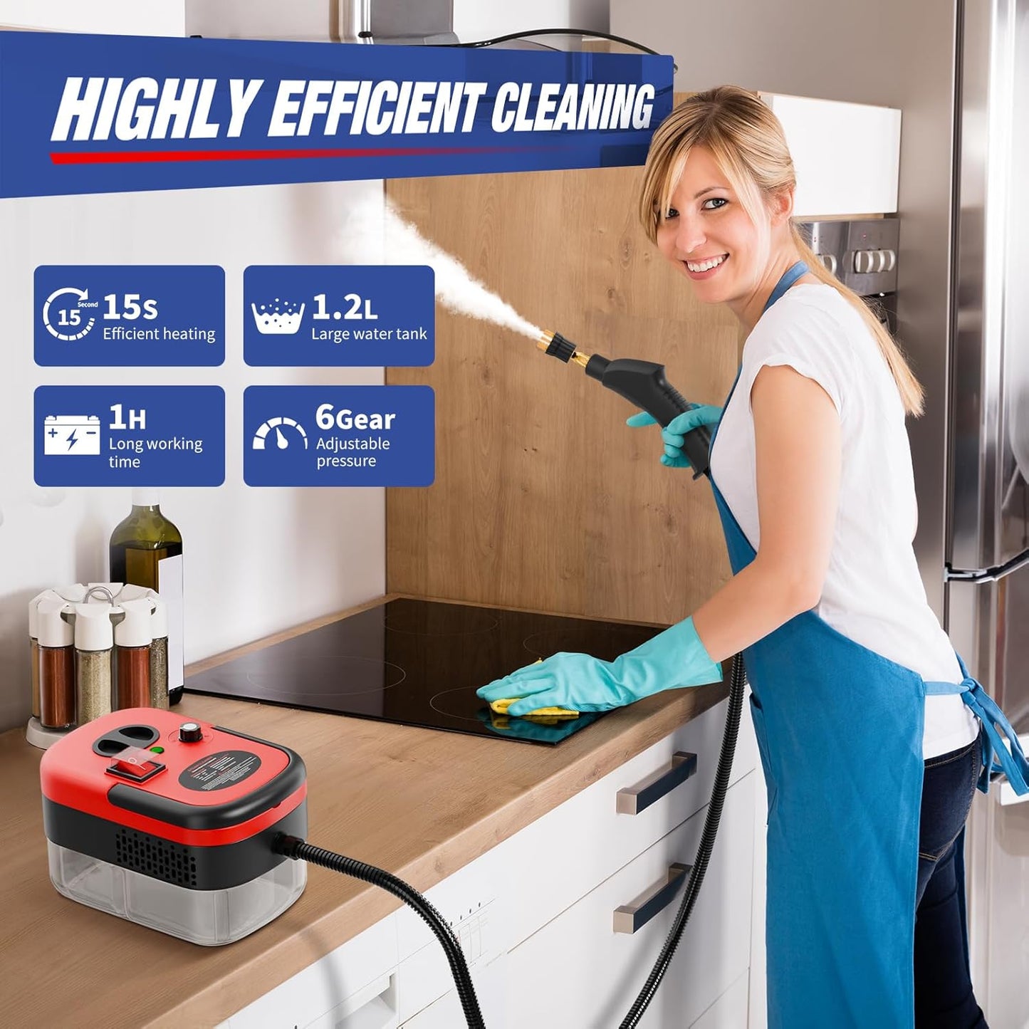 TOTTE Handheld Pressurized Steam Cleaner, 2500W Pressure Portable Cleaner with 3 Brush, 6-gears adjustable for Home Use, Floor, Kitchen,Bathroom, Car (Red)